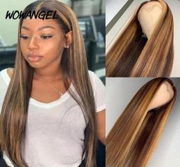 WOWANGEK OMBRE Hoogtepanhoogte Human Hair Wig Brown Honey Blond Gekleurd 13x6 Lace Front Haren Haar Wigsremy Straight 180 Deep Part289957190788