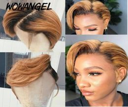 Wowangel Pixie Cut perruques courtes 44 dentelle fermeture perruques de cheveux humains partie latérale Pixie Ombre couleur 180 densité brésilienne Remy cheveux20507604775605