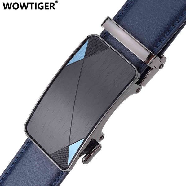 WOWTIGER bleu 3,5 cm largeur vache en cuir véritable ceinture pour hommes sangle en peau de vache à cliquet ceintures à boucle automatique pour hommes ceinture de marque 210322