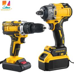Wozobuy 21v Max MAX Cordless Drill and Impact Wrench Power Tool With Batteries Charger 240407