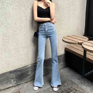 Wqjgr lente en zomer elastische hoge getailleerde jeans vrouwen flare broek volledige lengte moeder blauw zwart 210708