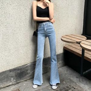 WQJGR lente en zomer elastische hoge getailleerde jeans vrouwen flare broek volledige lengte mama jeans blauwe en zwarte broek vrouwen 210616