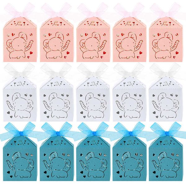 Wrap 10pcs 5 * 7cm Mini Éléphant Évider Artisanat Cookie Boîtes De Bonbons Boîte-Cadeau Avec Ruban Baby Shower Anniversaire Décorations De Fête De Mariage 0207