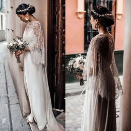 Wrap Lace Chiffon met boho-jurken bruiloft A-lijn spaghetti riemen Backless Long White Beach Bridal Jurken Simple Elegant Country Bride Dress