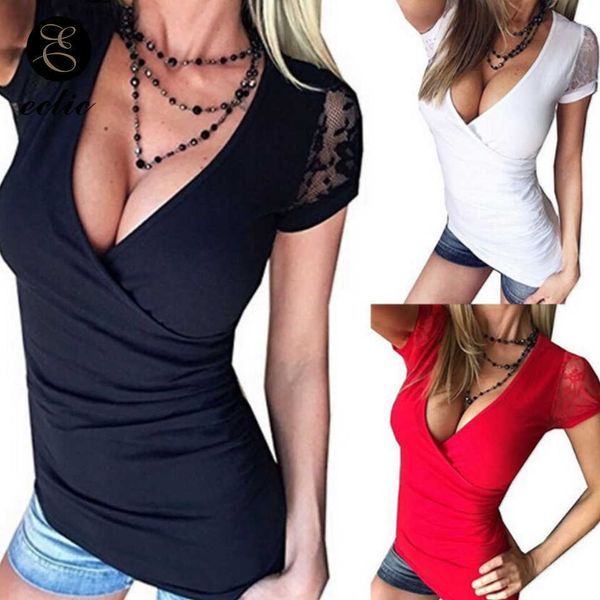 Chemise portefeuille ouverte poitrine top dentelle maille broderie manches courtes col en V profond t-shirt plongeant harajuku punk chemise moulante femme solide y0629