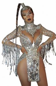 Enveloppé col en V profond Lg manches gland paillettes jupe courte bar transparent discothèque performance commerciale costumes de carnaval K8Af #