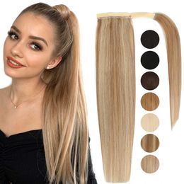 Enveloppe autour de la queue de cheval cheveux humains Remy Extensions de cheveux Extensions de cheveux brésiliens Clip Ins couleur marron blond naturel 27/613 14 "120g