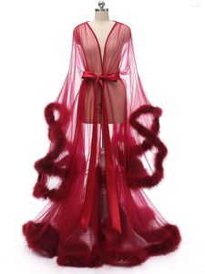 Wraps personnalisé bordeaux robes de soirée formelles longues femmes col en V manches longues Marabou Robe plume 2022 Robe de soirée