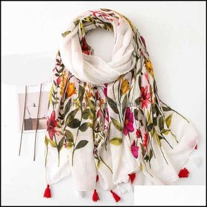 Wraps Sombreros, guantes Aessories de moda Bufanda de invierno para mujeres Estilo nacional Flecos Viscosa Chales florales Algodón Lino Bufandas Damas Foard