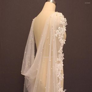 Wraps hoogwaardige parels bruiloft bolero kant lang 2,5 meter bruids cape met rand witte ivoor bruid jas accessoires