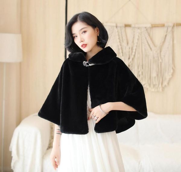 SHAMAI – veste d'hiver en fausse fourrure noire, enveloppe de mariée chaude, boléro ivoire, manteau de soirée, veste de mariage, robe de soirée
