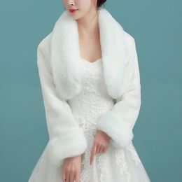 Wraps jassen vrouwen ivoor winter warme faux bont bruiloft bruids schouderophalen elegante lange mouw accessoire cape revers kraag sjaaljas