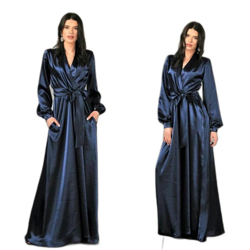 Navy Satin Silk Bridal Bathrobe with Pocket and Long Sleeves - Perfect for Weddings, Sleepwear, Nightgowns, Robes, and Kimono plus size maxi dresses for Women