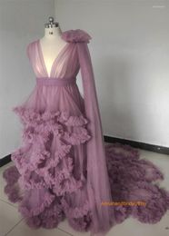 Wraps violet Pography Robe voir à travers les robes de bal avec bouffée manches longues robes volants à plusieurs niveaux femme enceinte longue Robe 2022