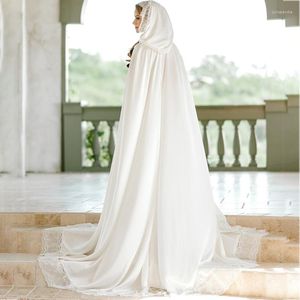 Wraps White Silk Bridal Cape Long Hooded bruiloft mantel kant op maat gemaakte bruid bolero wrap jas