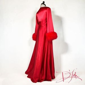 Wraps Women Robe fur NightGown Bathrobe slaapkleding Feather Bridal met riem Red Marabou/Charmeuse Dedeledjury Party Geschenken