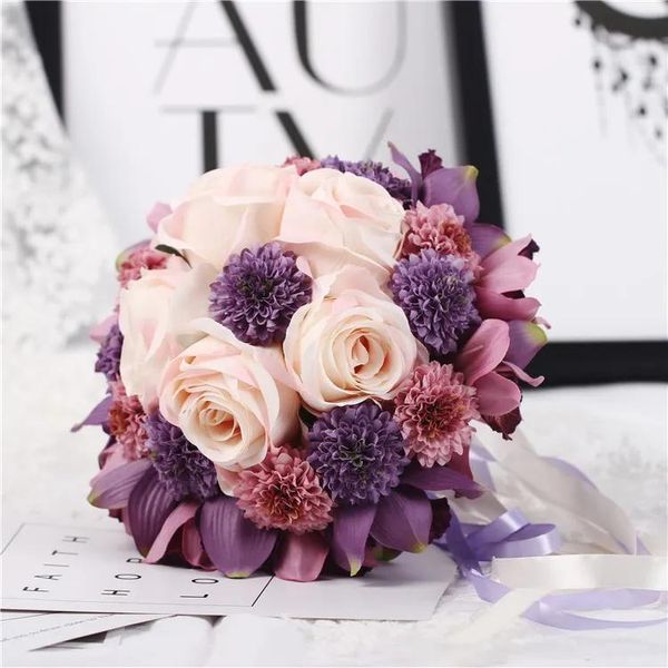 Couronnes 1pcs fait à la main de qualité supérieure belle couleur rose pourpre mariée demoiselle d'honneur fleur bouquet de mariage fleur artificielle rose bouquet de mariée