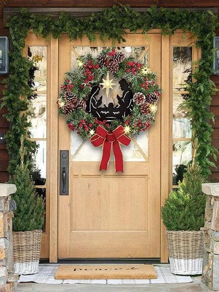 Couronnes de fleurs décoratives, couronne de noël artificielle éclairée par étoiles, floquée avec scène de la Nativité de Jésus, guirlande suspendue à la porte d'entrée