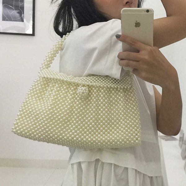 Sac de perles froissées été nouveau sac de dîner en ABS tissé à la main pour femmes perlé doux crème blanc 230304