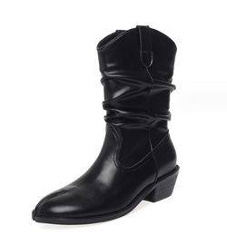 Bottes courtes froissées pour femmes, bottes Vintage Western Pig's Trotters à bout fendu avec manches moyennes et talons épais, nouvelle collection automne/hiver 2023