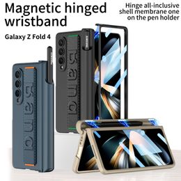 Fundas con bisagras para banda de muñeca para Samsung Galaxy Z Fold 4, Protector de pantalla de película de vidrio, funda magnética para portalápices