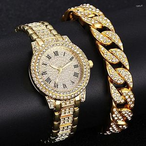 Horloges 1/2 stks Luxe Vrouwen Diamanten Horloges Hip Hop Armband Dames Quartz Horloge Rose Goud Dames Polshorloge Glanzend Kristal