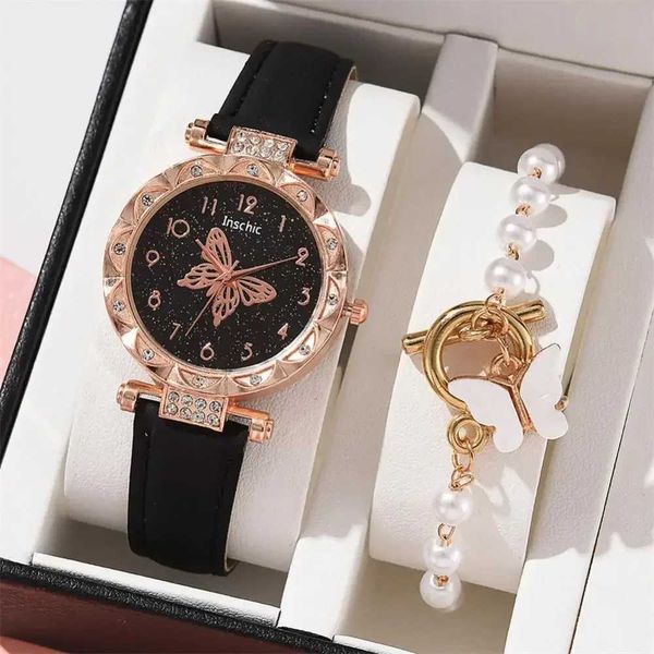 Montre-bracelets 1 / 2pcs Femmes Watch Set Quartz Wristwatch Luxury Crystal Righestone Pearl Quartz Montres Bracelet Bracelet Not Box 240423