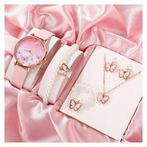 Horloges 1 Set Horloge Armband Ketting Oorbellen Ring Vlinder Hanger Imitatieparel Verstelbare band Leer Dame Sieraden Se