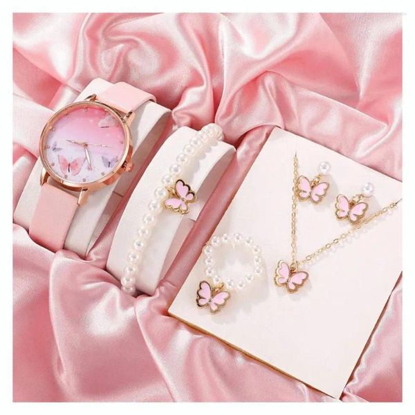 Relojes de pulsera 1 juego Reloj Pulsera Collar Pendientes Anillo Mariposa Colgante Falsa Perla Correa ajustable Cuero Señora Joyería Se