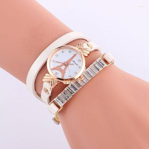 Relojes de pulsera 100pcs / lot Moda Torre Eiffel Wrap Around Lady Watch Elegance Quartz Rose Gold Case Reloj de pulsera Luxury Weave Casual