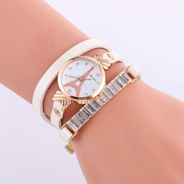 Relojes de pulsera 100pcs / lot Moda Torre Eiffel Wrap Around Lady Watch Elegance Quartz Rose Gold Case Reloj de pulsera Luxury Weave Casual