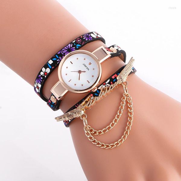 Relojes de pulsera 100 unids / lote Moda Estilo de Corea Abrigo Alrededor Reloj de cuero Correa de flores Cadena de acero Elegancia Cinturón colorido Reloj de pulsera al por mayor