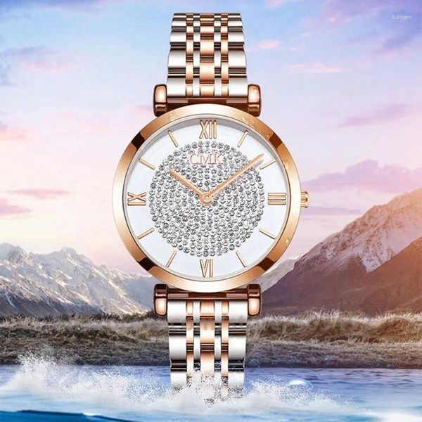 Relojes de pulsera 100 unids / lote Relojes de lujo para mujer Superficie de polvo de flash redondo Reloj para mujer Correa de acero casual Reloj de cuarzo Relogio Wholesele