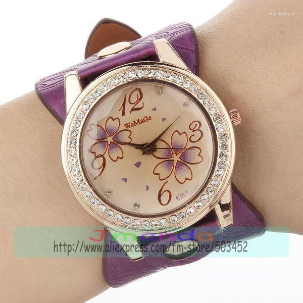 Montres-bracelets 100pcs / lot WOMAGE-628-4 Big Strap Crystal Flower Watch Casual Leather Wrap Quartz Dress 2 Couleurs