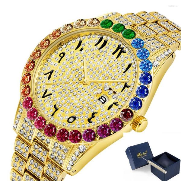 Montres-bracelets Montre en or 18 carats Hommes Hip Hop Plein Diamants Montres Hommes Mode Quartz Mâle Horloge Étanche En Acier Inoxydable Glacé Reloj