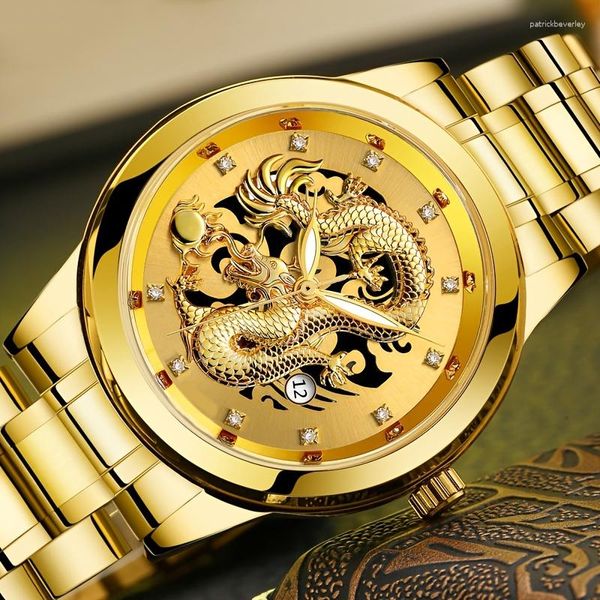 Relojes de Pulsera 1pc Reloj de Hombre Lujo Dragón Chino Dorado Luminoso Acero Calendario Cuarzo