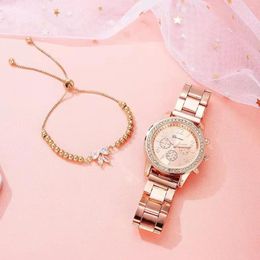 Montre-bracelets 2 PCS Set Diamond Women's Watchs's Watchs Luxury Luxury Female Femme Big Dial Bracelet Gold Bracelet Montre Femme