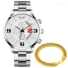 Montres-bracelets 2 pièces ensemble mode hommes en acier inoxydable montre de luxe calendrier Quartz montre-Bracelet homme affaires Bracelet montres