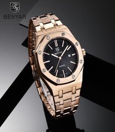 Montre-bracelets 2021 Benyar Quartz Mens Watches Gold Wristwatch Men en acier inoxydable Watch Imperpose Simple Clock Relogie Masculin3350757