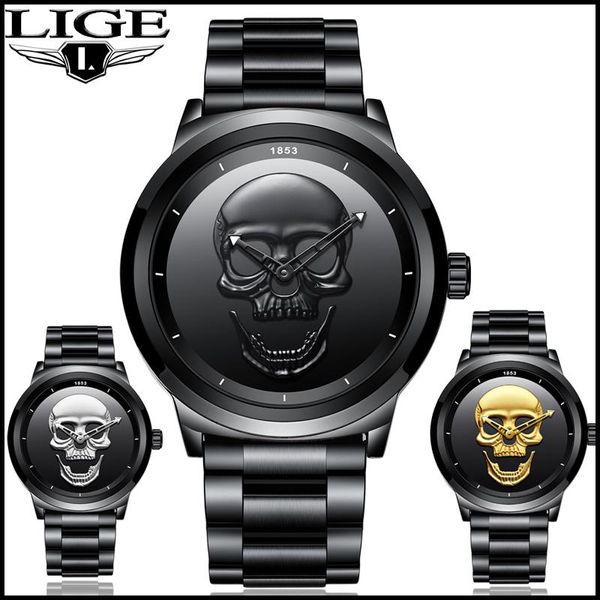 Relojes de pulsera 2021 Cool Punk 3D Skull Men Watch marca LIGE lujo acero cuarzo relojes masculinos impermeable Retro moda oro negro reloj Relogio