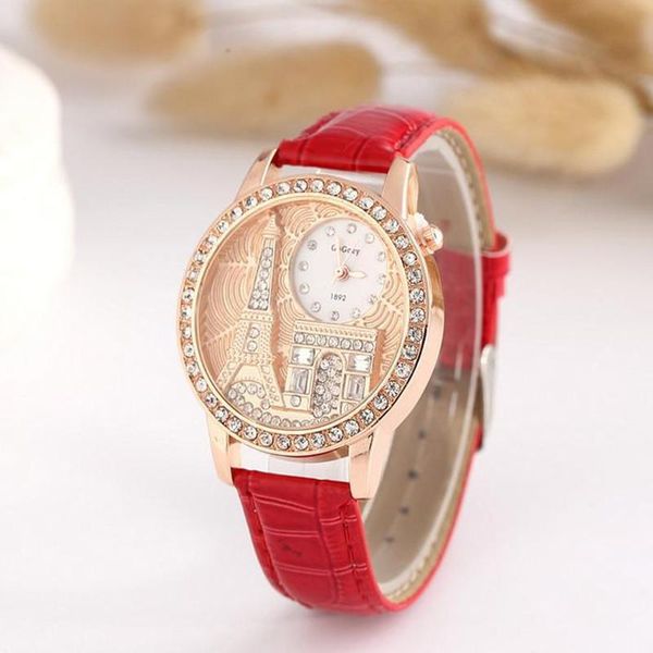 Relojes de pulsera 2021 Moda Eiffel Tower Rhinestone Dial Women Watches Luxury Analog Quartz Crystal Wristwatch Elegante banda de cuero