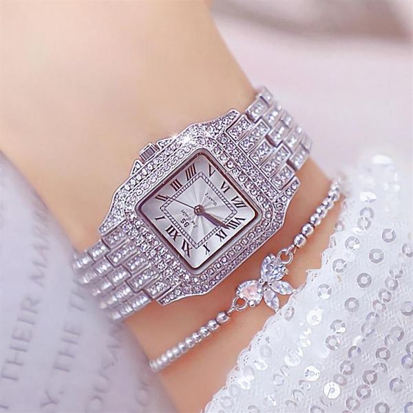 Montres-bracelets 2021 Mode Numéro romain Dames Montres-bracelets Diamant Carré Femme Argent Quartz Women299w