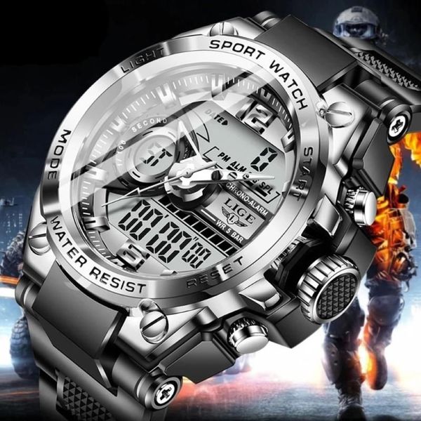 Montres-bracelets 2021 LIGE Sport Hommes Quartz Montre Numérique Creative Plongée Montres Étanche Alarme Double Affichage Horloge Relogio Masculin244U