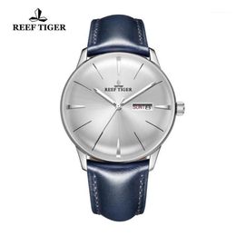 Montres-bracelets 2021 Reef Tiger RT Montres pour hommes Bande de cuir bleu Lentille convexe Cadran blanc Automatique RGA82381227g