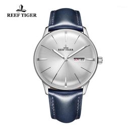 Relojes de pulsera 2021 Reef Tiger RT Relojes de vestir para hombres Banda de cuero azul Lente convexa Dial blanco Automático RGA823812983