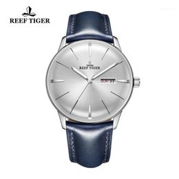 Relojes de pulsera 2021 Reef Tiger RT Relojes de vestir para hombres Banda de cuero azul Lente convexa Dial blanco Automático RGA82381251U