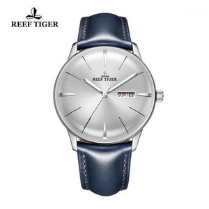 Montres-bracelets 2021 Reef Tiger RT Montres pour hommes Bande de cuir bleu Lentille convexe Cadran blanc Automatique RGA82381248o