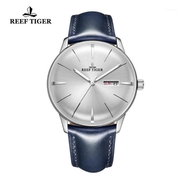 Montres-bracelets 2021 Reef Tiger RT Montres pour hommes Bande de cuir bleu Lentille convexe Cadran blanc Automatique RGA82381194b