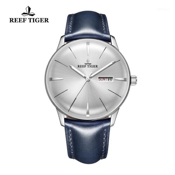 Montres-bracelets 2021 Reef Tiger RT Montres pour hommes Bande de cuir bleu Lentille convexe Cadran blanc Automatique RGA823812110