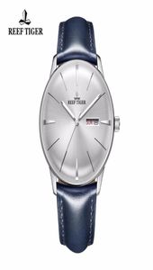 Polshorloges 2021 Reef Tigerrt Mens jurk horloges convex lens witte wijzerplaat automatische blauwe lederen band RGA82382656783